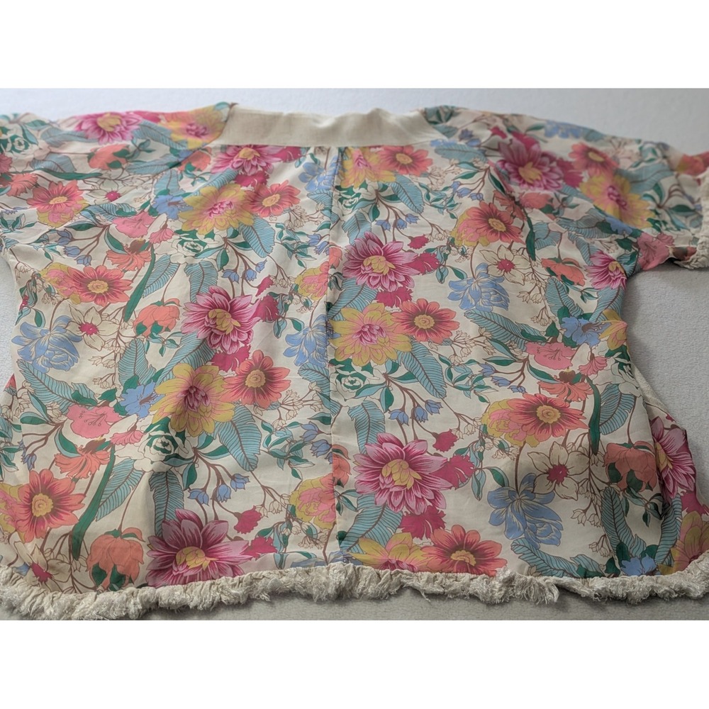 Umgee Kimono 3/4 Sleeve Fringe Hem Open Tunic Med Large Linen Oatmeal Floral - Picture 7 of 11